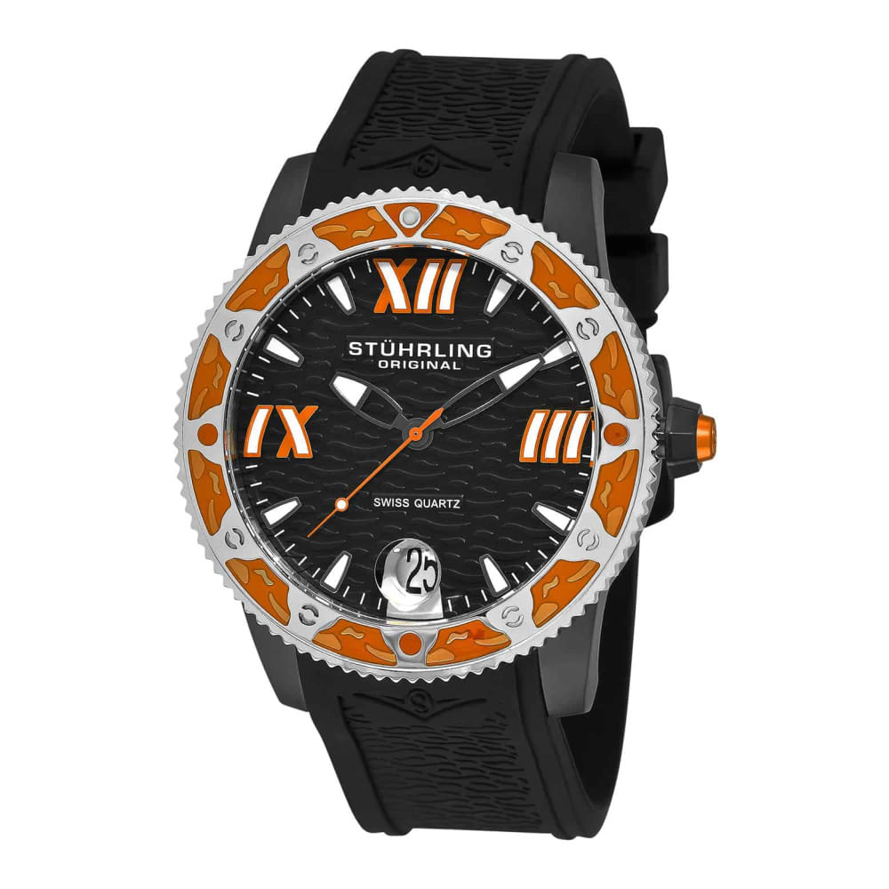 Regata Weekender 225g 47mm: Mostrador Preto, Pvd Preto, Pulseira De Silicone Preta E Fivela Tang - Stuhrling.