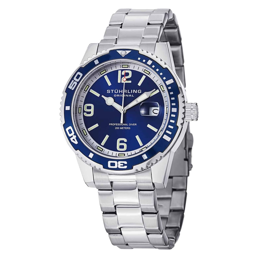 Regata 415 Com Mostrador Azul E Pulseira De Aço Inox Prateado, Da Marca Stuhrling.