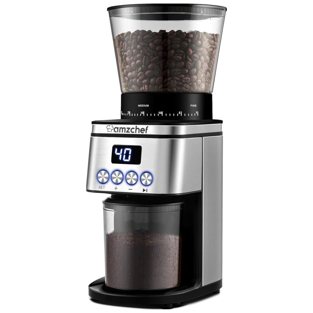 Moedor De Café Elétrico Até 12 Xícaras Com 30 Configurações De Moagem E Display Led, 110v 150w, Amzchef, Prata