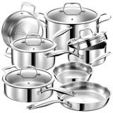 Jogo De Panelas E Frigideiras Em Aço Inoxidável Com 11 Peças, Tampas De Vidro E Utensílios De Cozinha, Legend Cookware, Prata