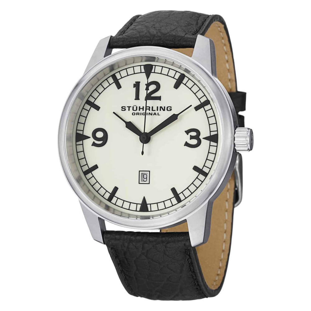 Relógio De Pulso Masculino Condor 1129q 48mm Aviador Em Prata Com Pulseira De Couro Preta E Fivela Tang, Da Marca Stuhrling.