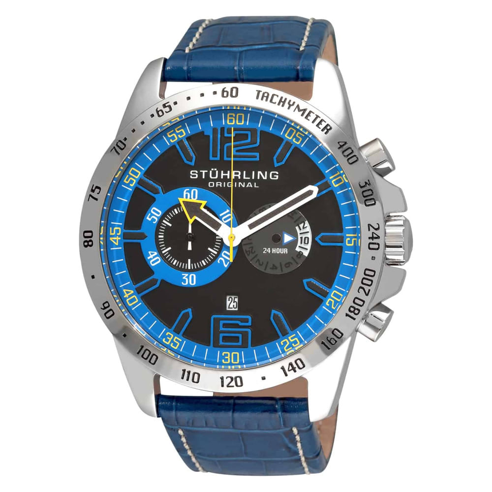 Relógio De Pulso Masculino Concorso Laureate 210b Com Cronógrafo De 48 Mm, Mostrador Preto E Pulseira De Couro Azul, Stuhrling.