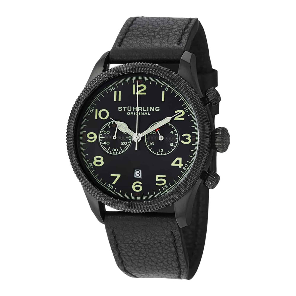 Relógio De Pulso Masculino Com Cronógrafo Velo 482 42mm, Com Mostrador E Pulseira Pretos Em Pvd Preto, Stuhrling.