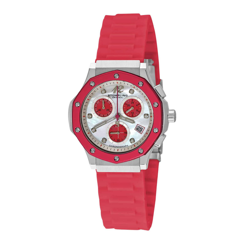 Relógio Feminino Cosmo Girl 180r 37mm Com Cronógrafo E Mostrador Branco - Prata E Pulseira De Silicone Rosa - Stuhrling.