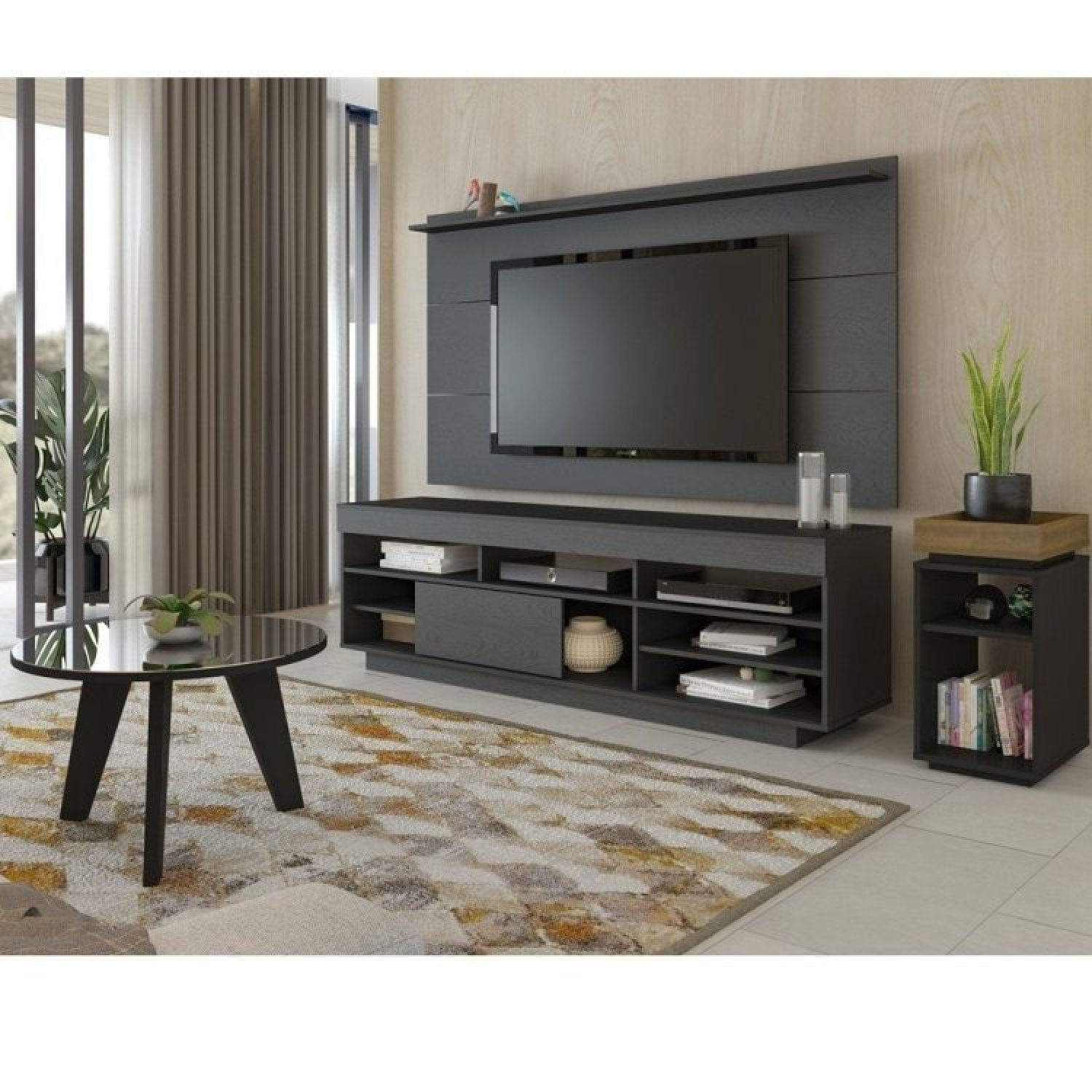 Conjunto Sala De Estar Rack Com Painel Para Tv Até 60 Pol Com Mesa De Centro E Mesa De Apoio Treviso Preto