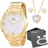 Relogio Feminino Dourado Aço Inox + Colar + Brincos + Caixa