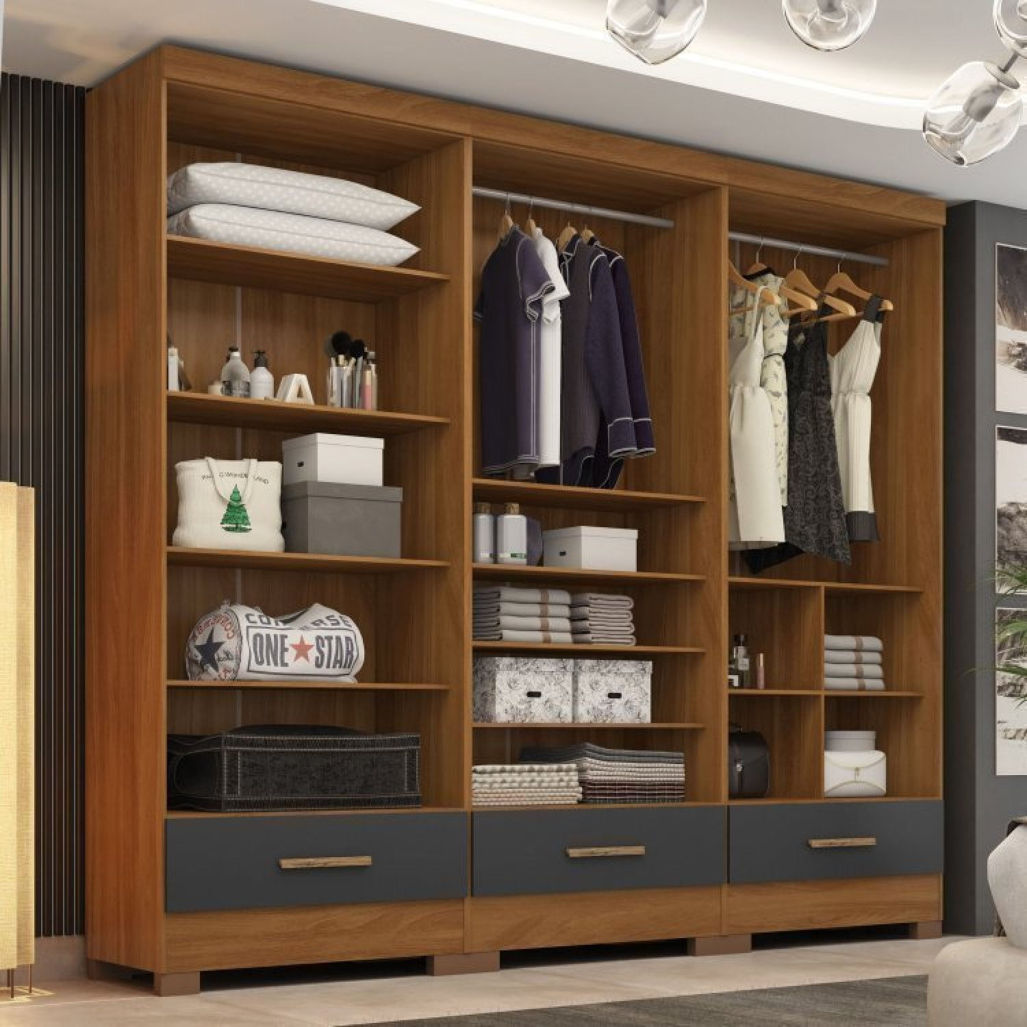 Closet Modulado 3 Peças 3 Gavetas Smart Versatile Espresso Móveis Cinamomo/cinza