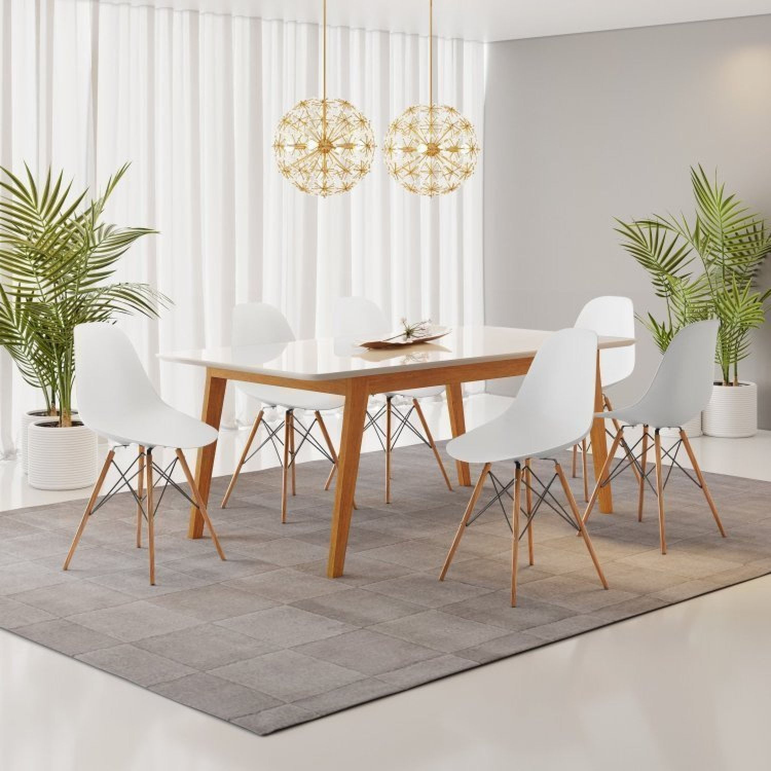 Conjunto Mesa De Jantar Madeira Maciça Retangular Com 6 Cadeiras Eames Branco/cinamomo