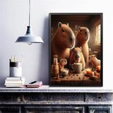 Quadro Família Capivaras Tomando Café 33x24cm - Com Vidro