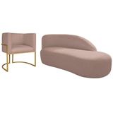 Kit Divã Luna 185cm Lado Direito E 01 Poltrona Base De Ferro Dourado Linho Cor Rosê