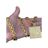 Cordão Cadeado Duplo 13mm + Ping São Jorge - Banhado A Ouro