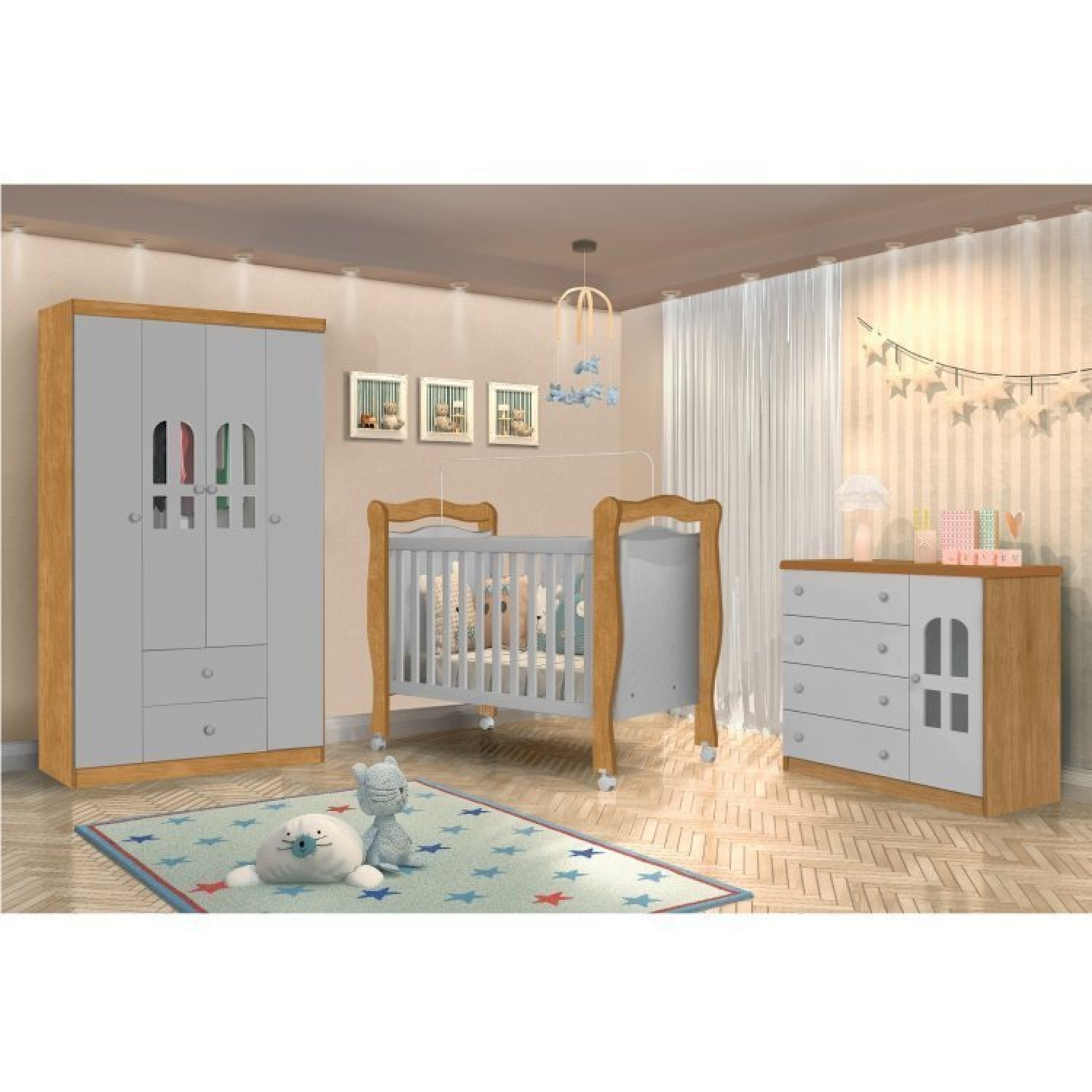 Quarto Infantil Completo Com Berço Cômoda E Guarda Roupa Alvin Nature/cinza