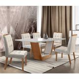 Conjunto Mesa Milão 1800x900cm Com 6 Cadeiras Madeira Maciça E Estofada Sophia   Champagne / Off White