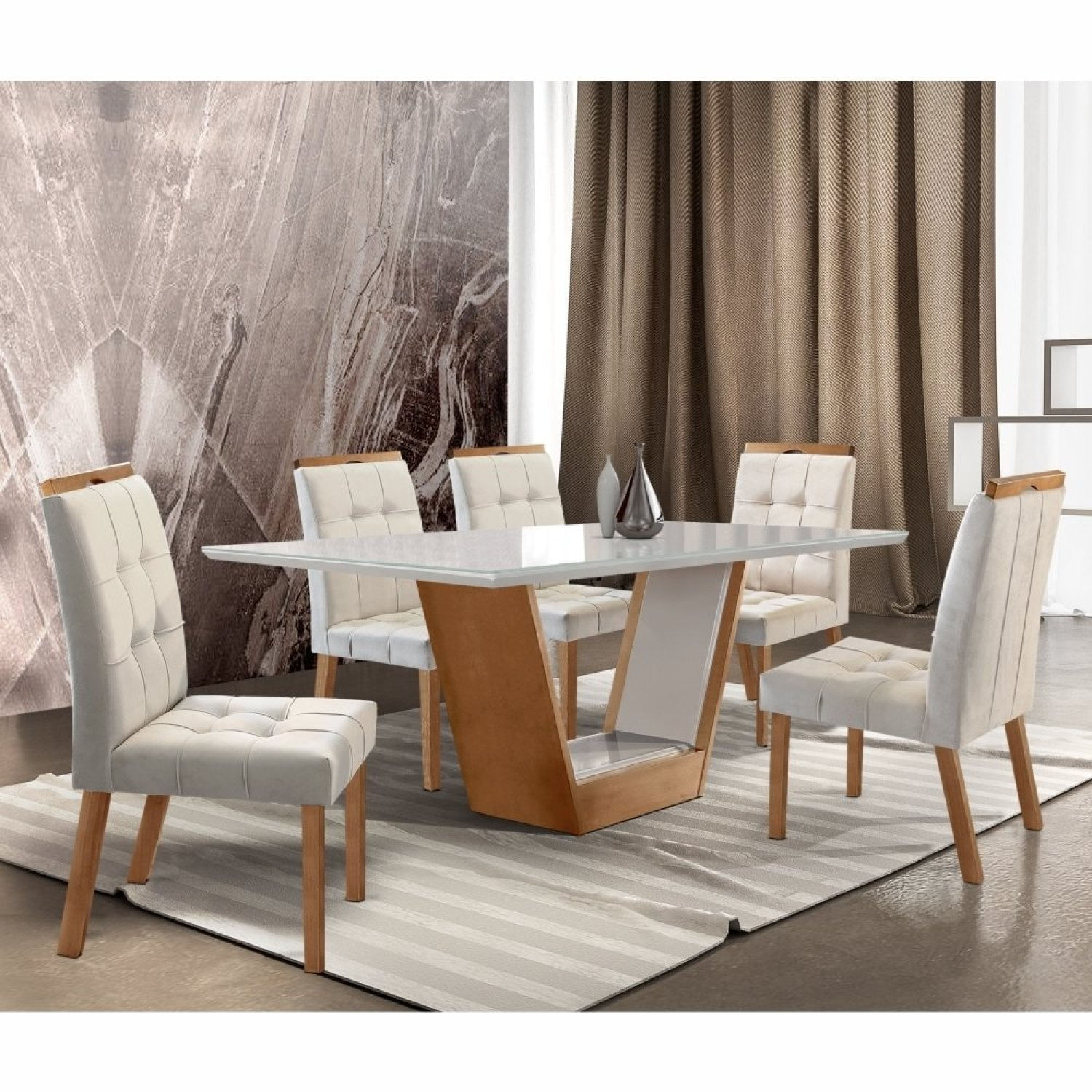 Conjunto Mesa Milão 1800x900cm Com 6 Cadeiras Madeira Maciça E Estofada Sophia   Champagne / Off White