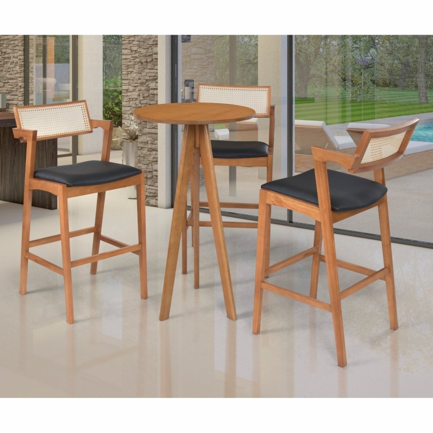 Conjunto Mesa Bistrô Alta 106x60cm Nápoles Com 3 Banquetas Madeira Maciça Com Rattan Natural E Estofada Para Sala De Jantar Nápoles  Champagne