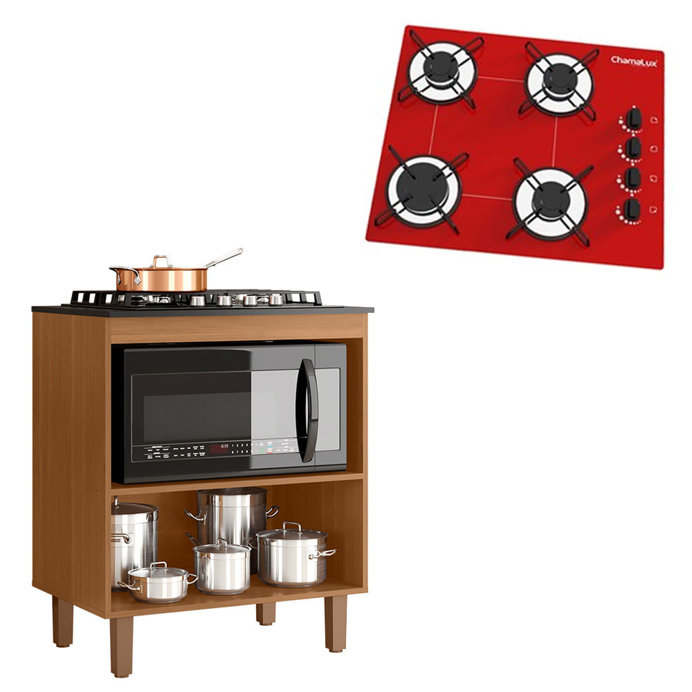 Kit Balcão Cooktop Zanzini Master Cinamomo Sem Porta E Fogão Cooktop 4 Bocas Ultrachama Vermelho Chamalux