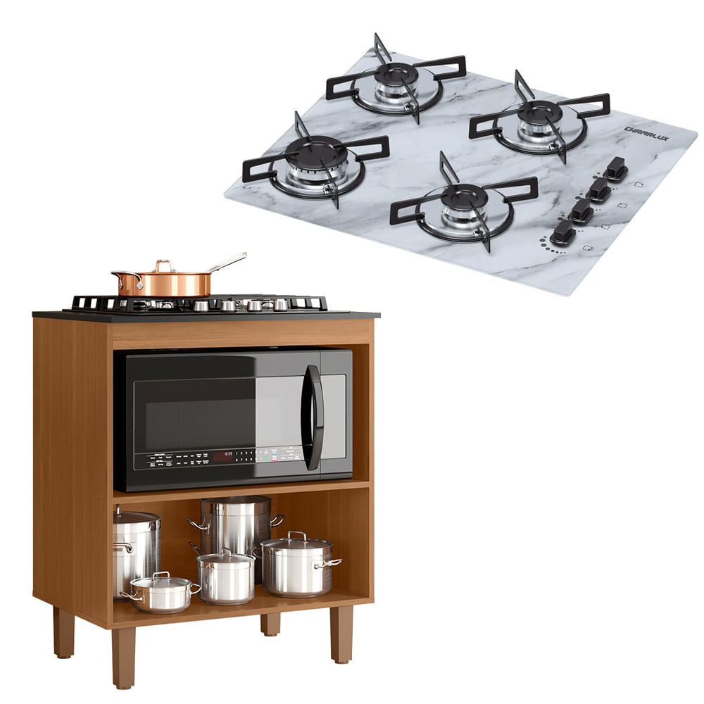 Kit Balcão Cooktop Zanzini Master Cinamomo Sem Porta E Fogão Cooktop Ultrachama 4 Bocas Branco Efeito Mármore Chamalux