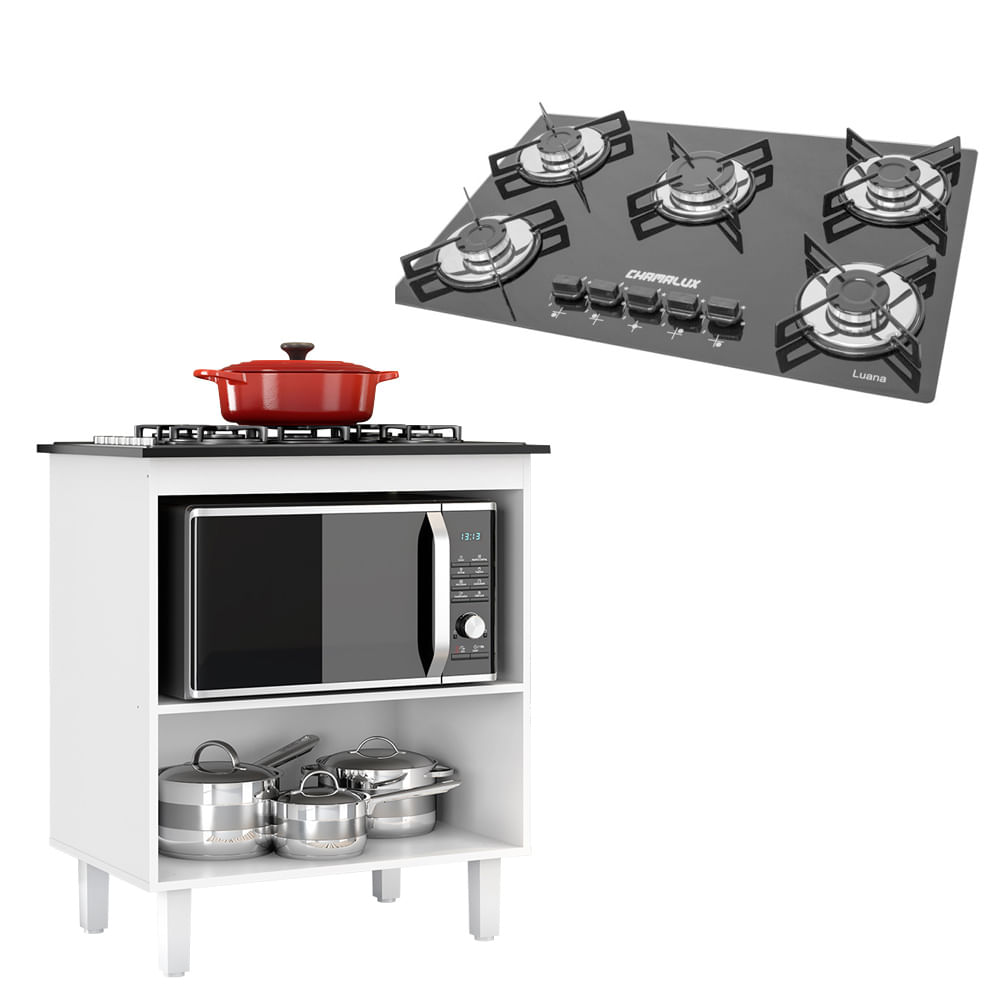 Kit Balcão Cooktop Zanzini Italia Branco Sem Porta E Fogão Cooktop 5 Bocas Trempe De Chapa Chamalux