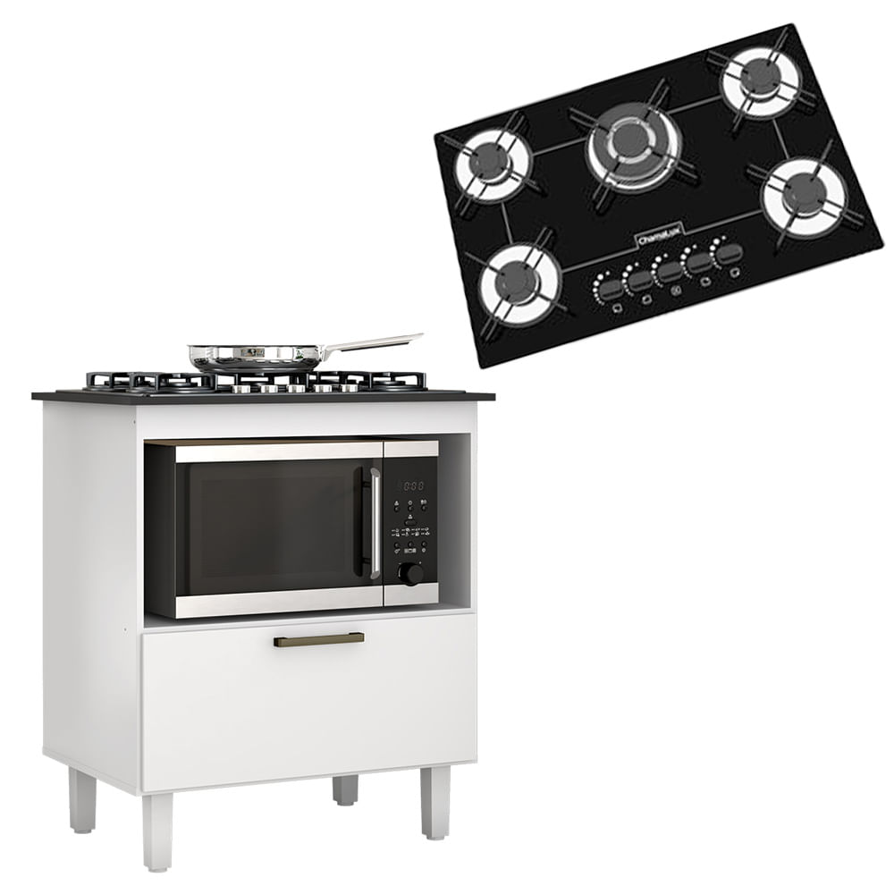 Kit Balcão Cooktop Zanzini Italia Branco 1 Porta E Fogão Cooktop Tripla Chama 5 Bocas Preto Chamalux