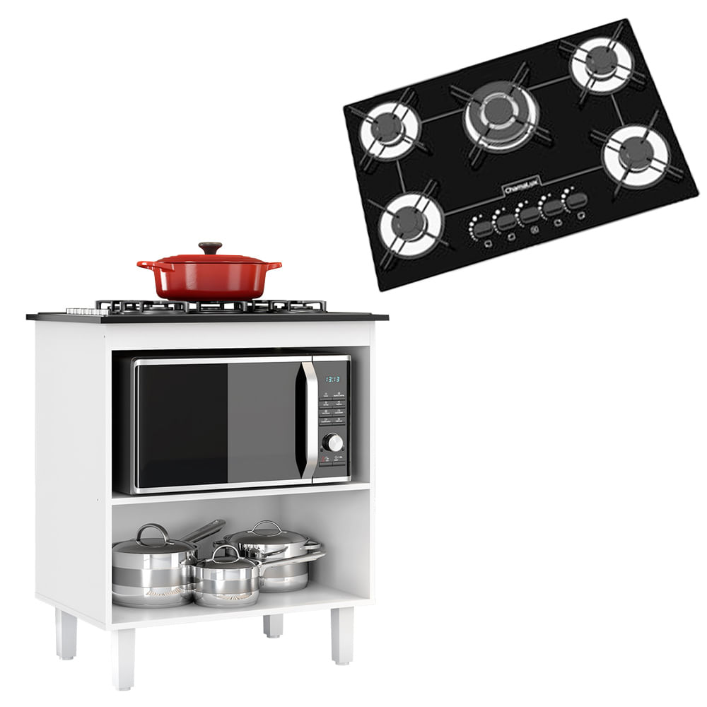 Kit Balcão Cooktop Zanzini Italia Branco Sem Porta E Fogão Cooktop 5 Bocas Tripla Chama Chamalux