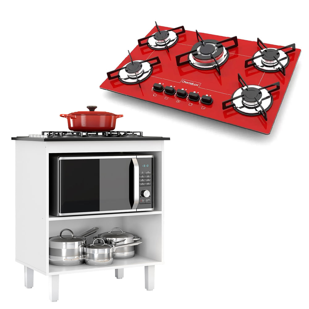 Kit Balcão Cooktop Zanzini Italia Branco Sem Porta E Fogão Cooktop 5 Bocas Tripla Chama Vermelho Chamalux