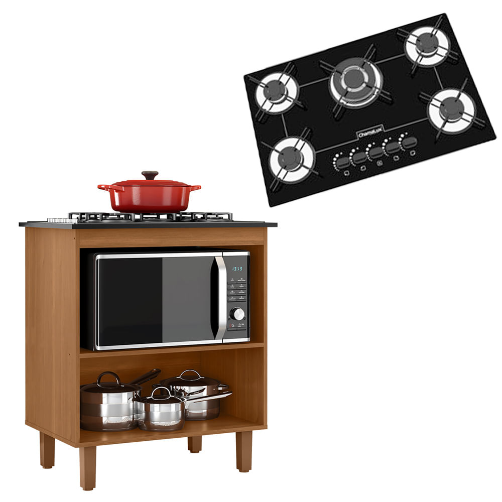 Kit Balcão Cooktop Zanzini Italia Cinamomo Sem Porta E Fogão Cooktop Tripla Chama 5 Bocas Preto Chamalux