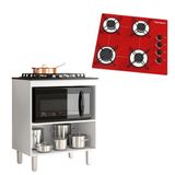 Kit Balcão Cooktop Zanzini Master Branco Sem Porta E Fogão Cooktop 4 Bocas Ultrachama Vermelho Chamalux