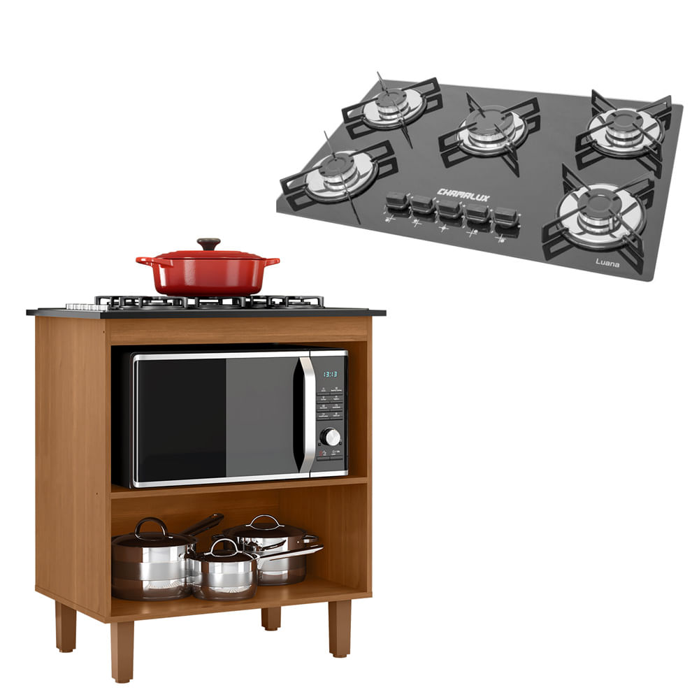 Kit Balcão Cooktop Zanzini Italia Cinamomo Sem Porta E Fogão Cooktop Ultrachama 5 Bocas Trempe De Chapa Preto