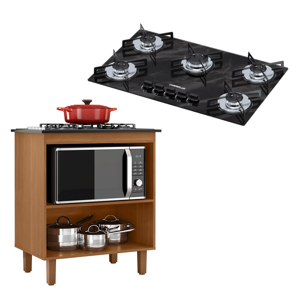 Kit Balcão Cooktop Zanzini Italia Cinamomo Sem Porta E Fogão Cooktop Ultrachama 5 Bocas Preto Efeito Mármore