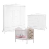 Quarto Infantil Completo Realeza Berço Capitonê, Cômoda, E Roupeiro 4 Portas Branco Canaã