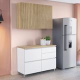 Cozinha 2 Peças 3 Portas 4 Gavetas Com Armário Aéreo  100% Mdf 120cm Rainha Branco/nature