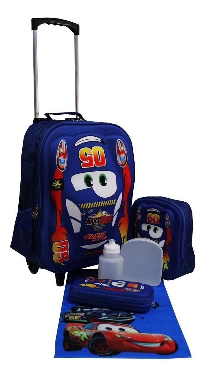 Kit Mochila Carros Infantil Masculina Escolar Rodinhas