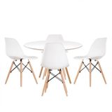 Conjunto Mesa Redonda 90cm Tampo Em Mdf 4 Cadeiras Pp Base Madeira Eames Dsw-m Branco/branco