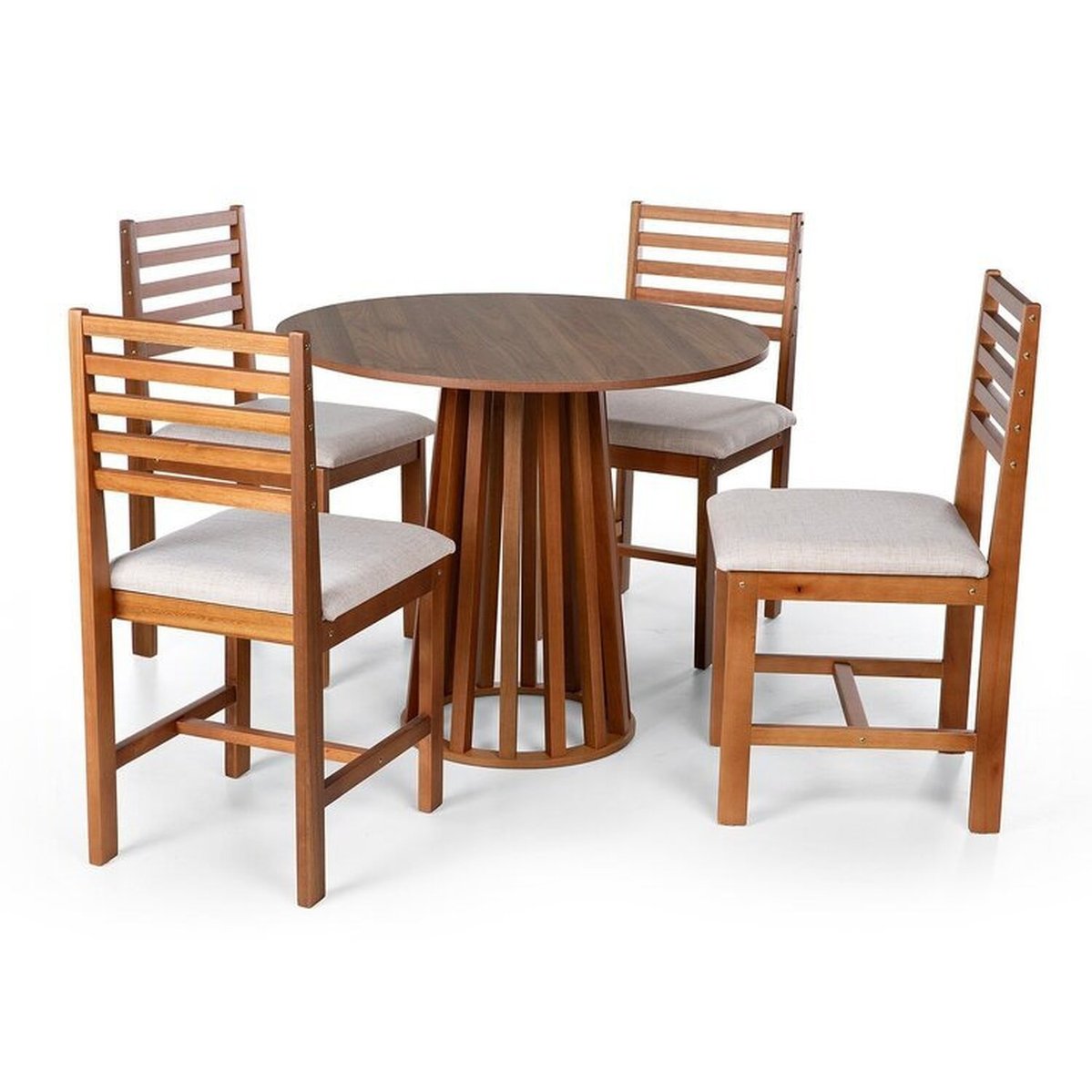 Conjunto Mesa De Jantar Talia 90cm E 4 Cadeiras Luna Estofadas – Madeira Maciça Amadeirado/bege