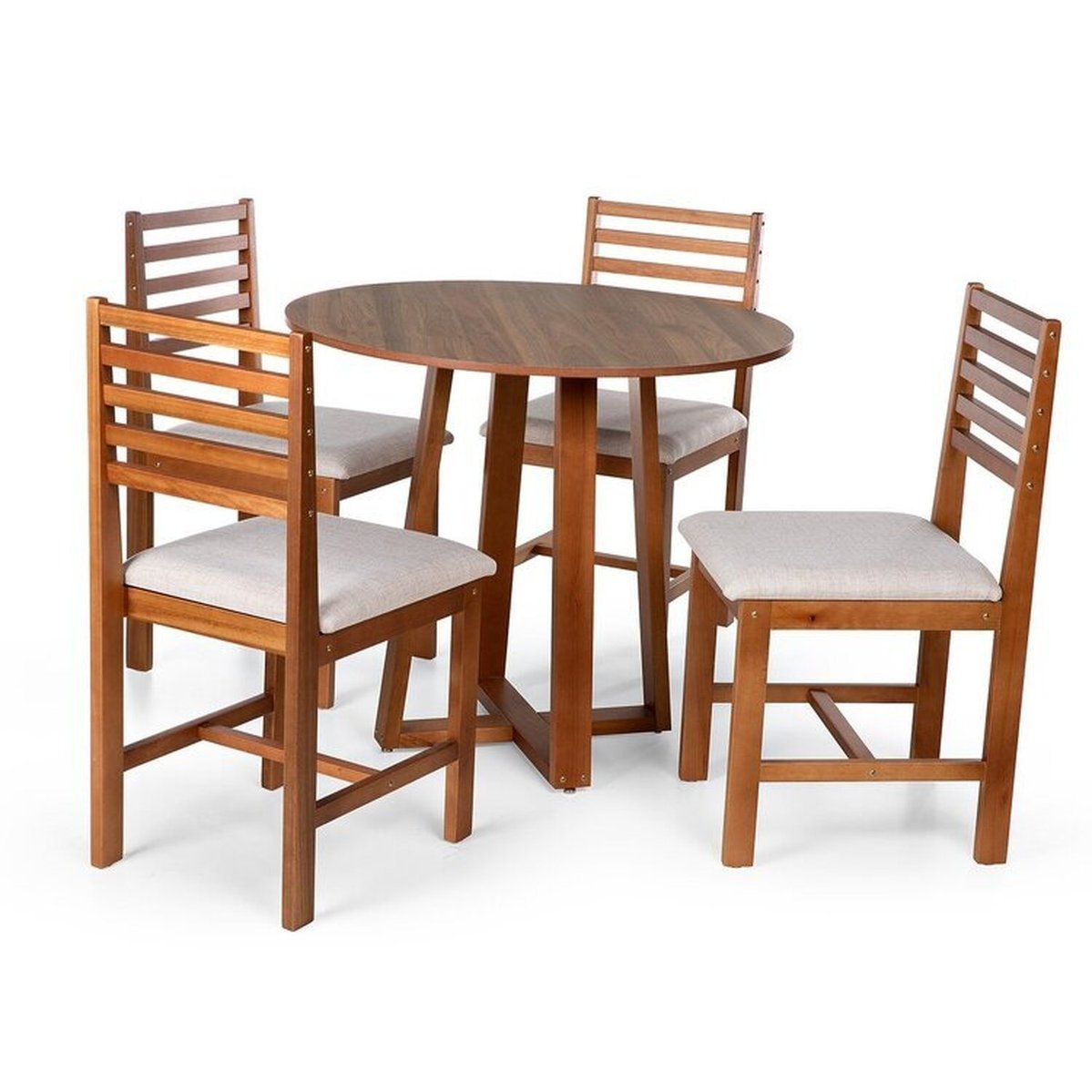 Conjunto Mesa De Jantar Lara 90cm E 4 Cadeiras Luna Assento Mdf – Madeira Maciça Amadeirado/bege