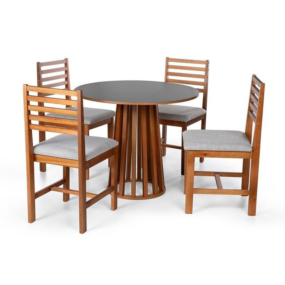 Conjunto Mesa De Jantar Talia 90cm E 4 Cadeiras Luna Estofadas – Madeira Maciça Preto/cinza