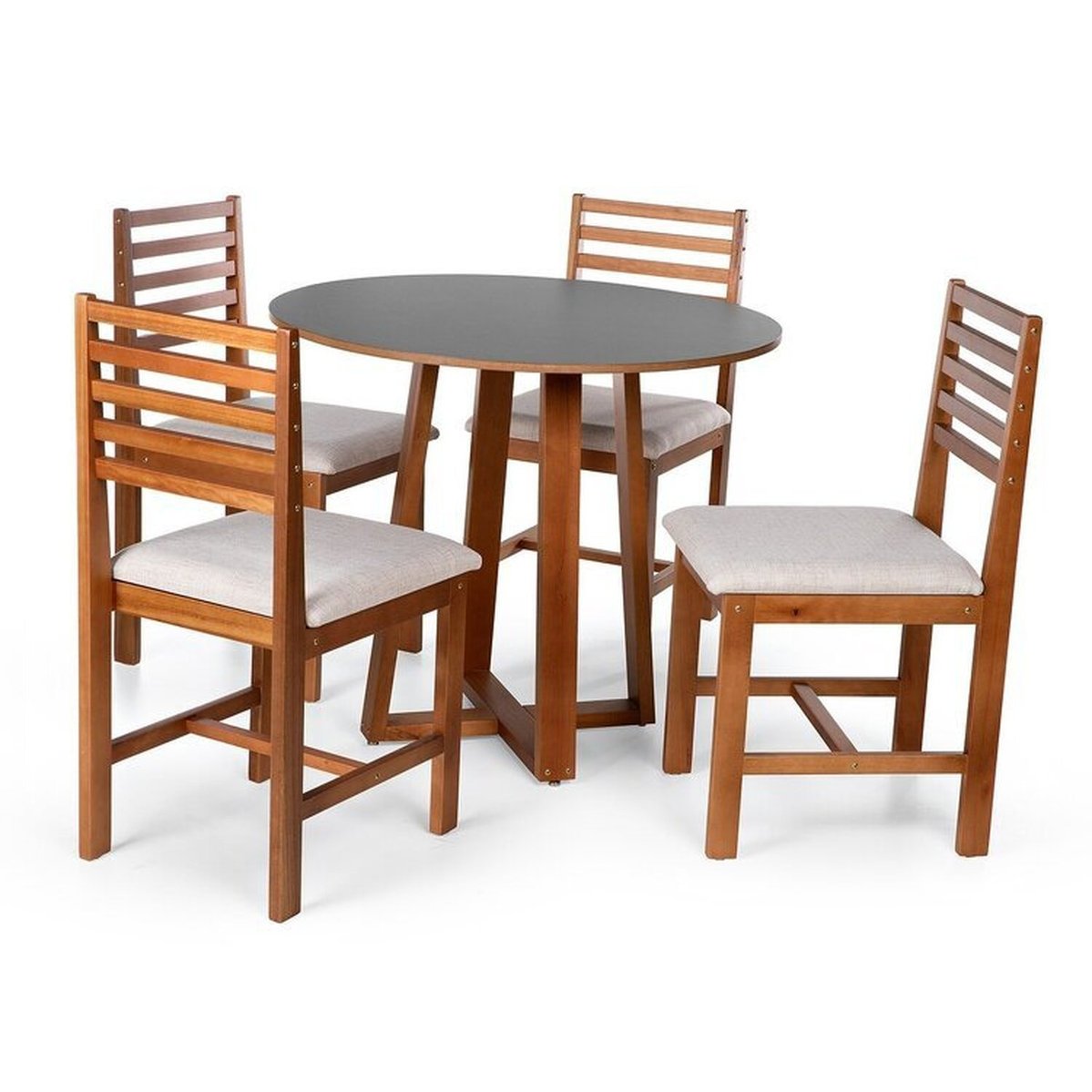 Conjunto Mesa De Jantar Lara 90cm E 4 Cadeiras Luna Estofadas – Madeira Maciça Preto/bege