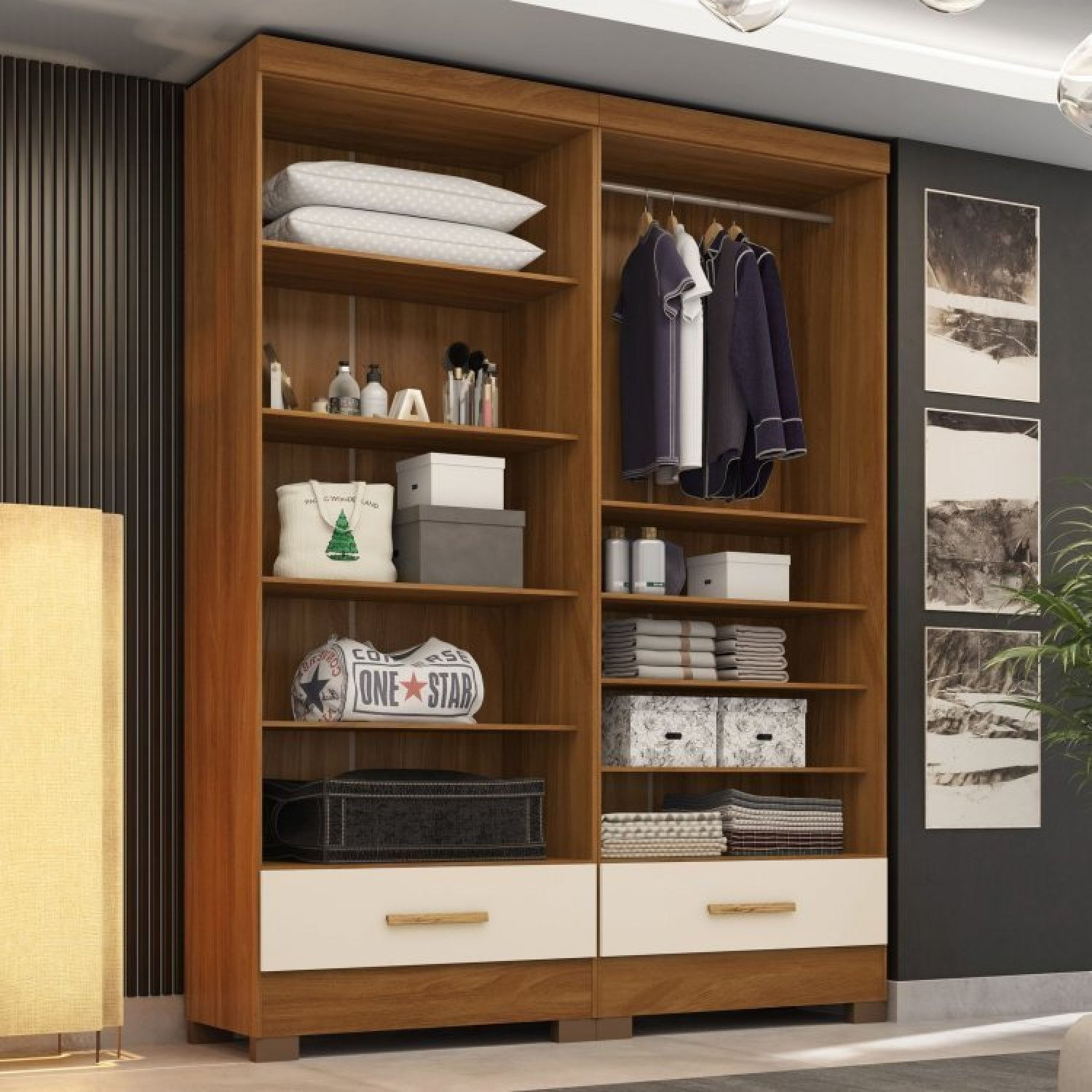 Closet Modulado 2 Peças 2 Gavetas Smart Versatile Espresso Móveis Cinamomo/off White