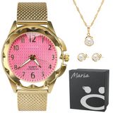 Relogio Feminino Dourado Aço Prova Dagua + Colar + Pulseira