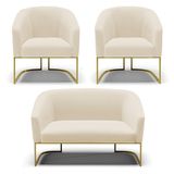 Namoradeira E 2 Poltronas Base Industrial Dourado Stella Linho D03 - D&#39;rossi Cor A19 Bege