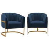 Kit 2 Poltronas Decorativas Sala De Estar Recepção Mavie Base De Ferro Dourado Suede Azul Marinho