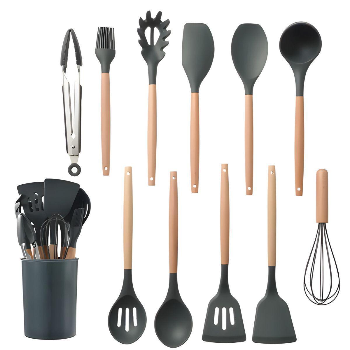 Kit De Utensilios Cozinha 11 Em 1 Silicone Cabo De Madeira