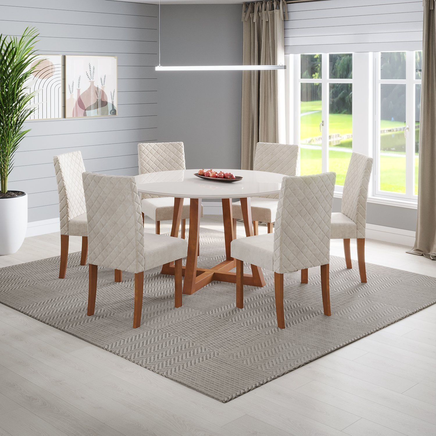 Conjunto Mesa Redonda Com Vidro Madeira Maciça Com 6 Cadeiras Anna Sala De Jantar 136x136cm