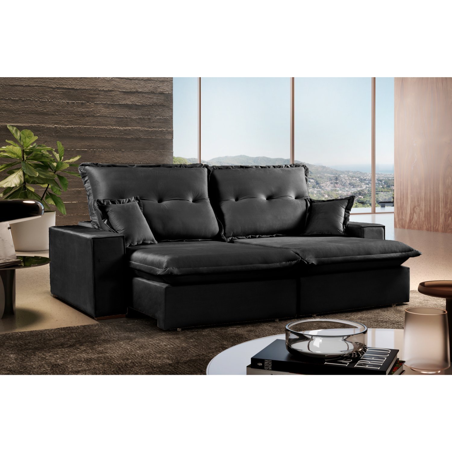 Sofa Momo Retrátil E Reclinável 3 Lugares 1,70m Com Molas Ensacadas E Pillow Top Preto