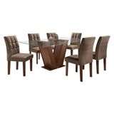 Sala De Jantar Mesa Classic Chocolate Tampo Vidro Com 6 Cadeiras Estofadas Vitória - Suede Marrom