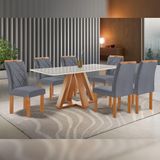 Mesa De Jantar Retangular Kyra 170x90cm Cinamomo-off White Com 6 Cadeiras Arthus - Suede Cinza