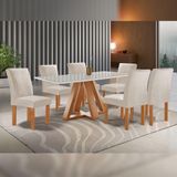 Mesa De Jantar Retangular Kyra 170x90cm Cinamomo-off White Com 6 Cadeiras Canela Suede Cru Branco