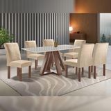 Mesa De Jantar Retangular Kyra 170x90cm Chocolate-off White Com 6 Cadeiras Canela - Suede Bege