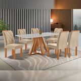 Mesa De Jantar Retangular Kyra 170x90cm Cinamomo-off White Com 6 Cadeiras Arthus - Suede Bege