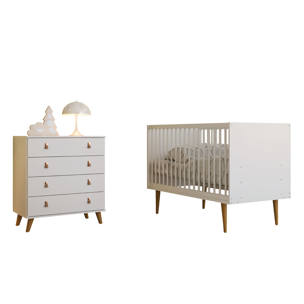 Dormitório Infantil Berço Americano E Cômoda Para Quarto Bebê Encanto Branco Batrol